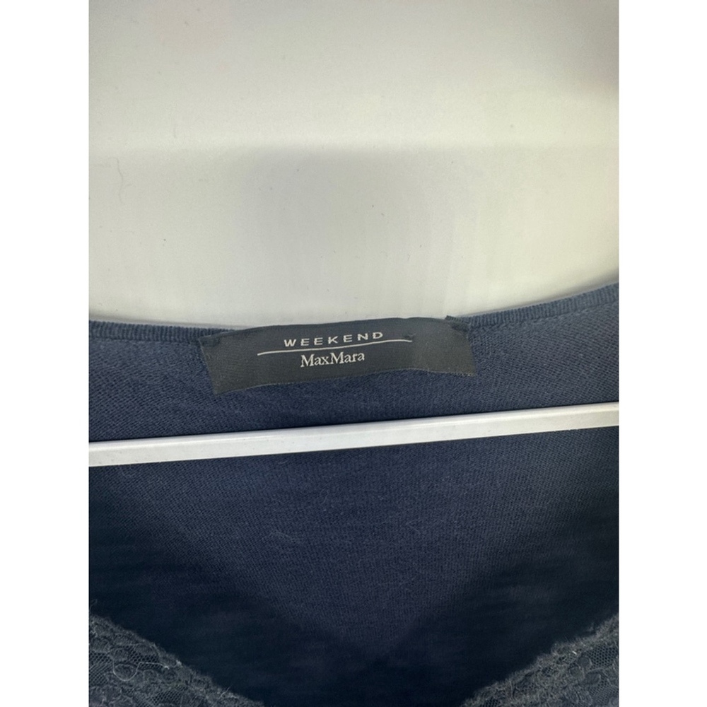 Weekend MaxMara Silk Cotton Tunic Top Sz L Navy Lace Trim Pleated Hem 3/4 Sleeve - Picture 5 of 7